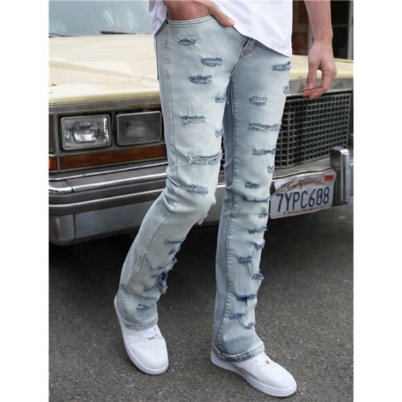 New w Tags Men's Ripped Bootcut Jeans Slim Fit Bell Bottom Ripped Flared Denim - Picture 2 of 6